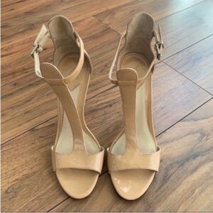 Brian Atwood Nude Patent T-Strap Sandals